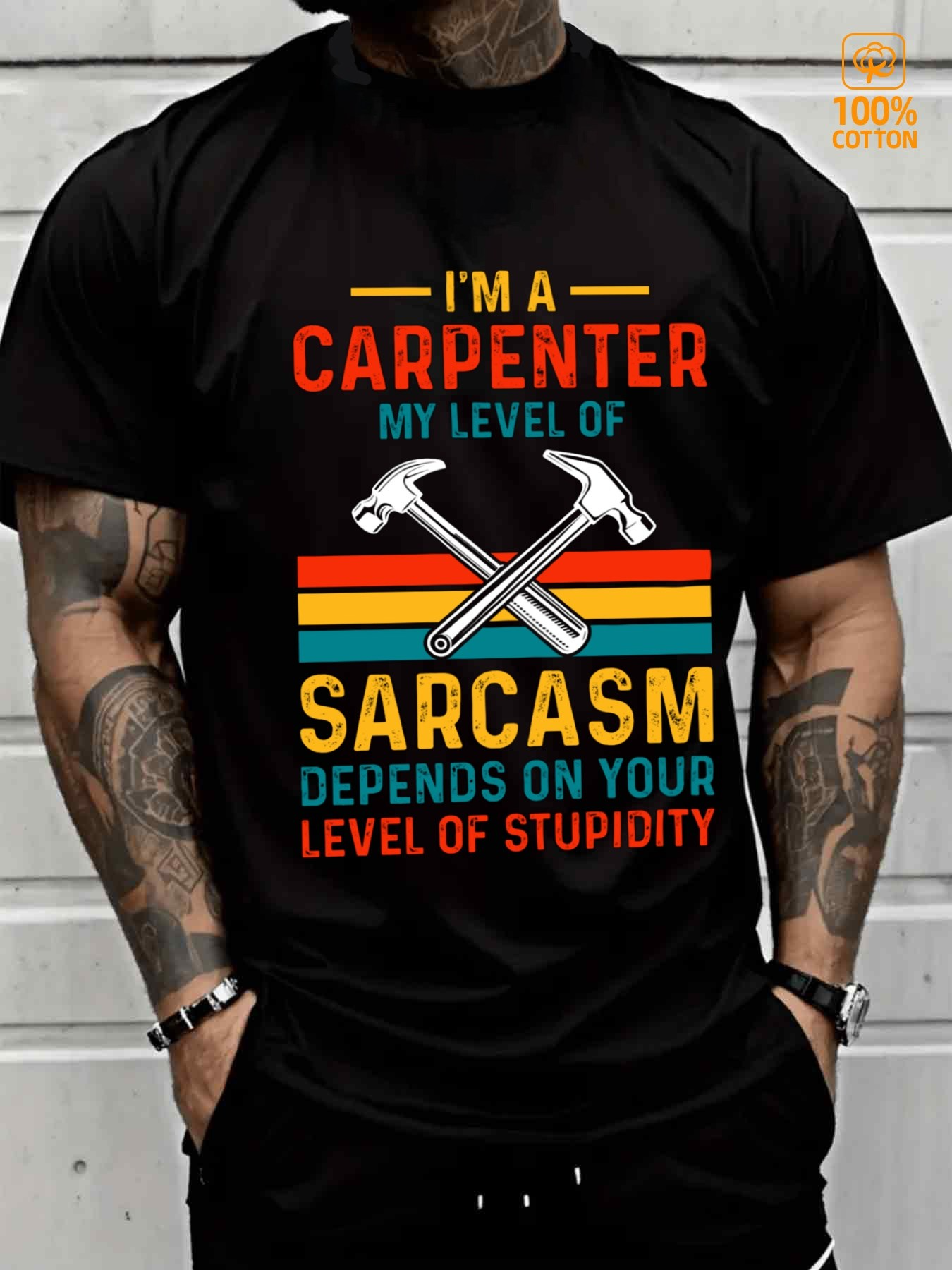 Men's Graphic T-Shirt I Am A Carpenter Colorful Striped Graphic With Crossed Silver Hammers