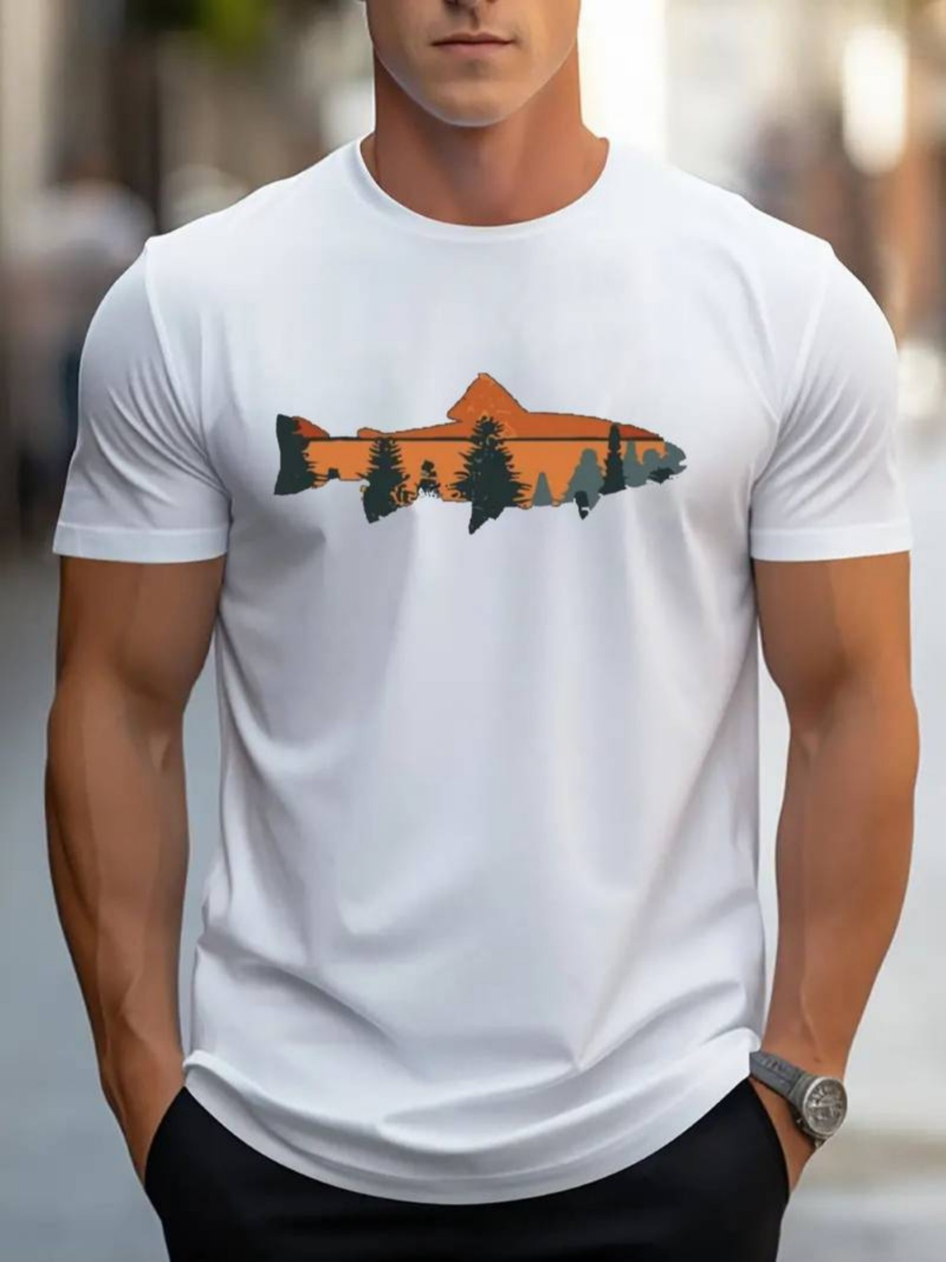 Men's Graphic T-Shirt Orange Mountain With Pine Forest Among Calm Scenic Fish
