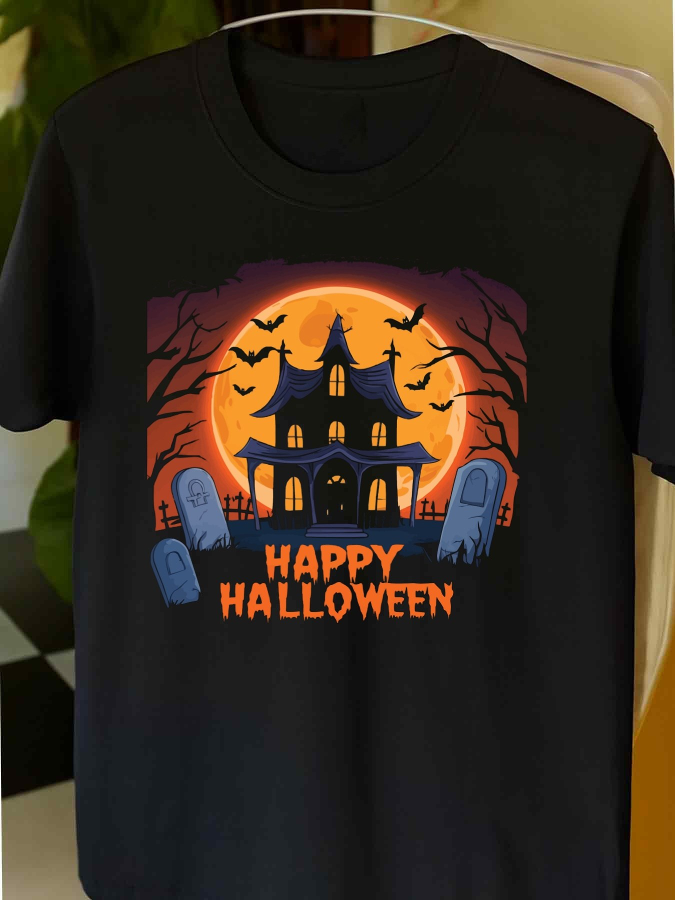 Men's Graphic T-Shirt Happy Halloween Haunted House With Bats And Tombstones Under Full Moon
