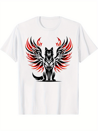 Men's Graphic T-Shirt Fiery Tribal Wings Adorning Majestic Wolf Silhouette Art