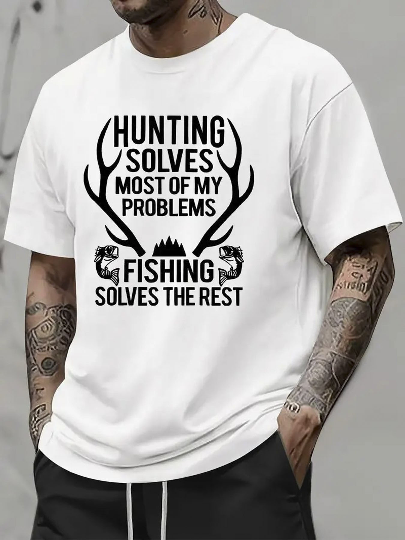 Men's Graphic T-Shirt Hunting Solves Problems With Antlers And Fish Graphic