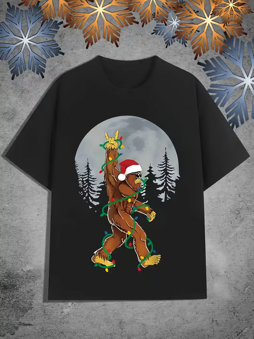 Men's Graphic T-Shirt Christmas Bigfoot Wearing Santa Hat With Moonlit Forest Background