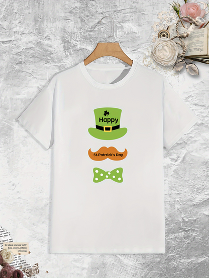 Men's Graphic T-Shirt Happy Green Hat And Orange Mustache With Green Bow Tie