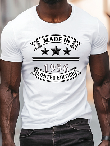Men's Graphic T-Shirt Made In 1956 Limited Edition With Bold Stars Classic White Typography