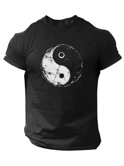 Men's Graphic T-Shirt Weathered Duality Symbol Centered On Distressed Black Fabric Yin Yang