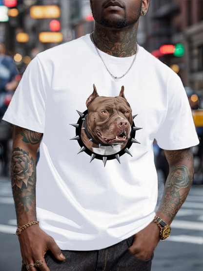 Men's Graphic T-Shirt Urban Street Style Spiked Collar With Fierce Brown Pitbull Head