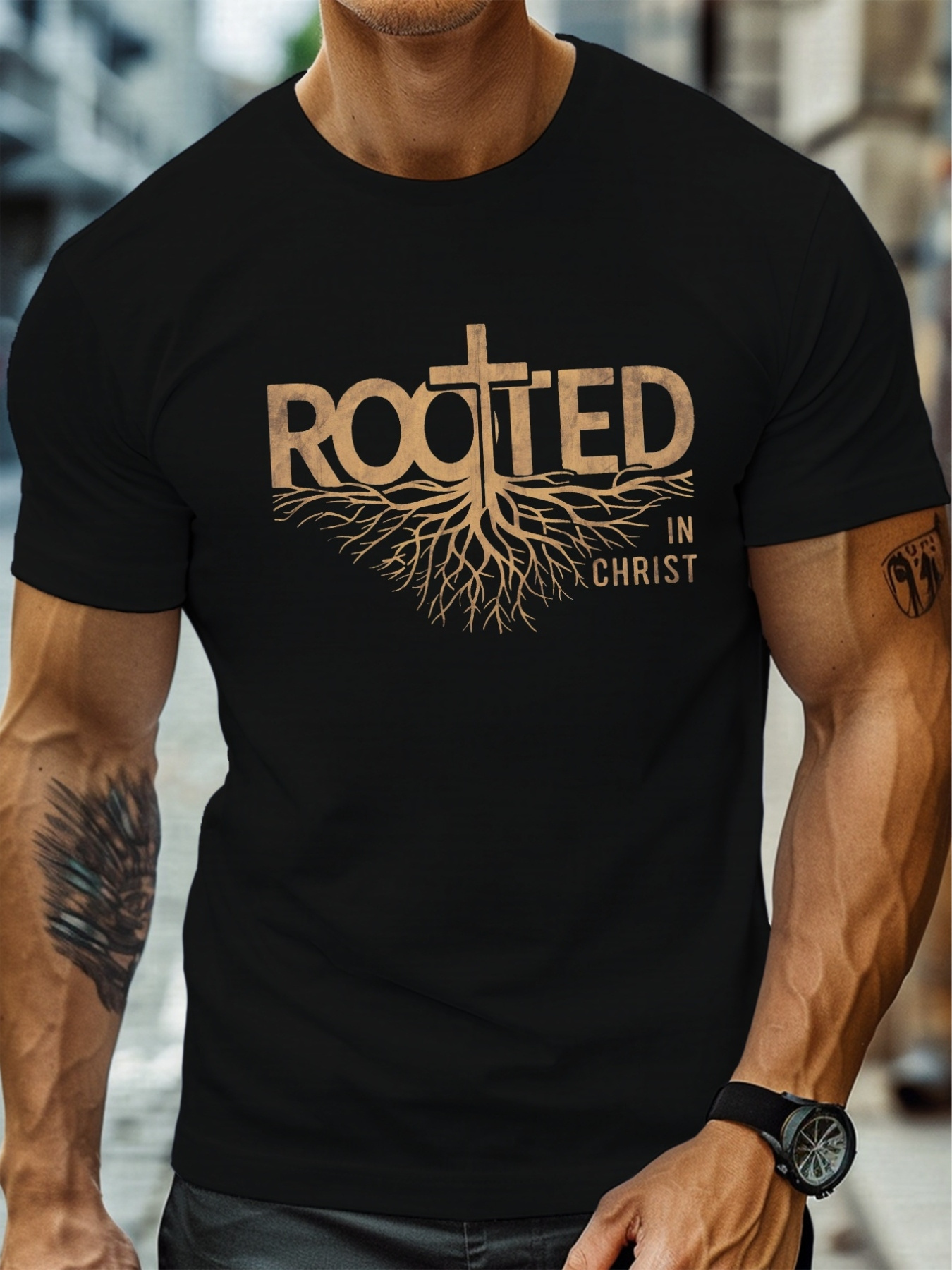 Men's Graphic T-Shirt Rooted In Christ Tree Roots Extending Beneath Golden Lettering Cross