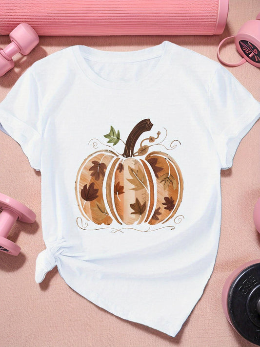 Women's Graphic T-Shirt Autumn Leaves Surrounding Rustic Whimsical Painted Pumpkin