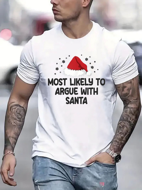 Men's Graphic T-Shirt Most Likely To Argue With Santa Red Hat Surrounded By Tiny Black Stars Santa Hat