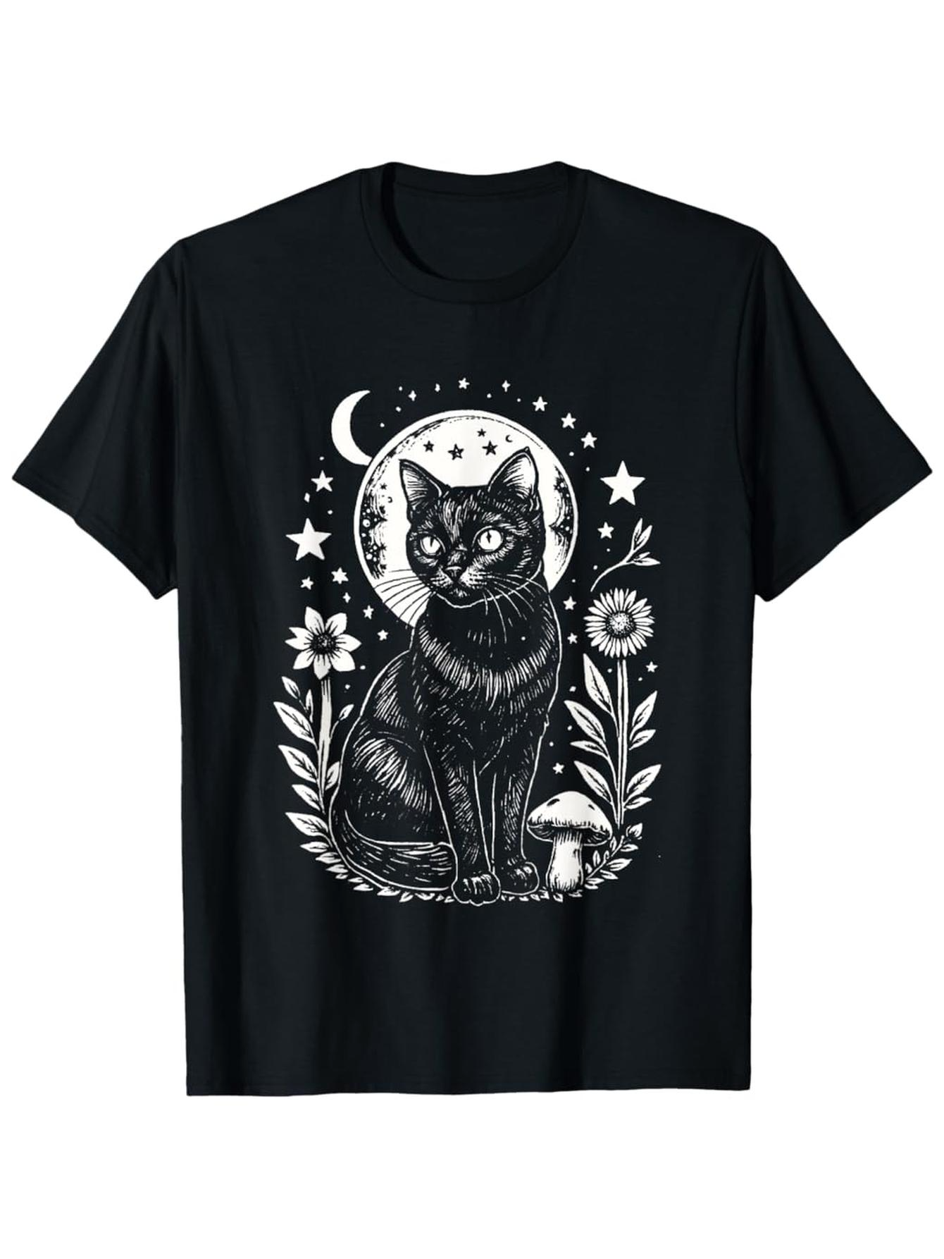 Men's Graphic T-Shirt Enchanted Garden Under Moon With Stars Botanical Black Cat