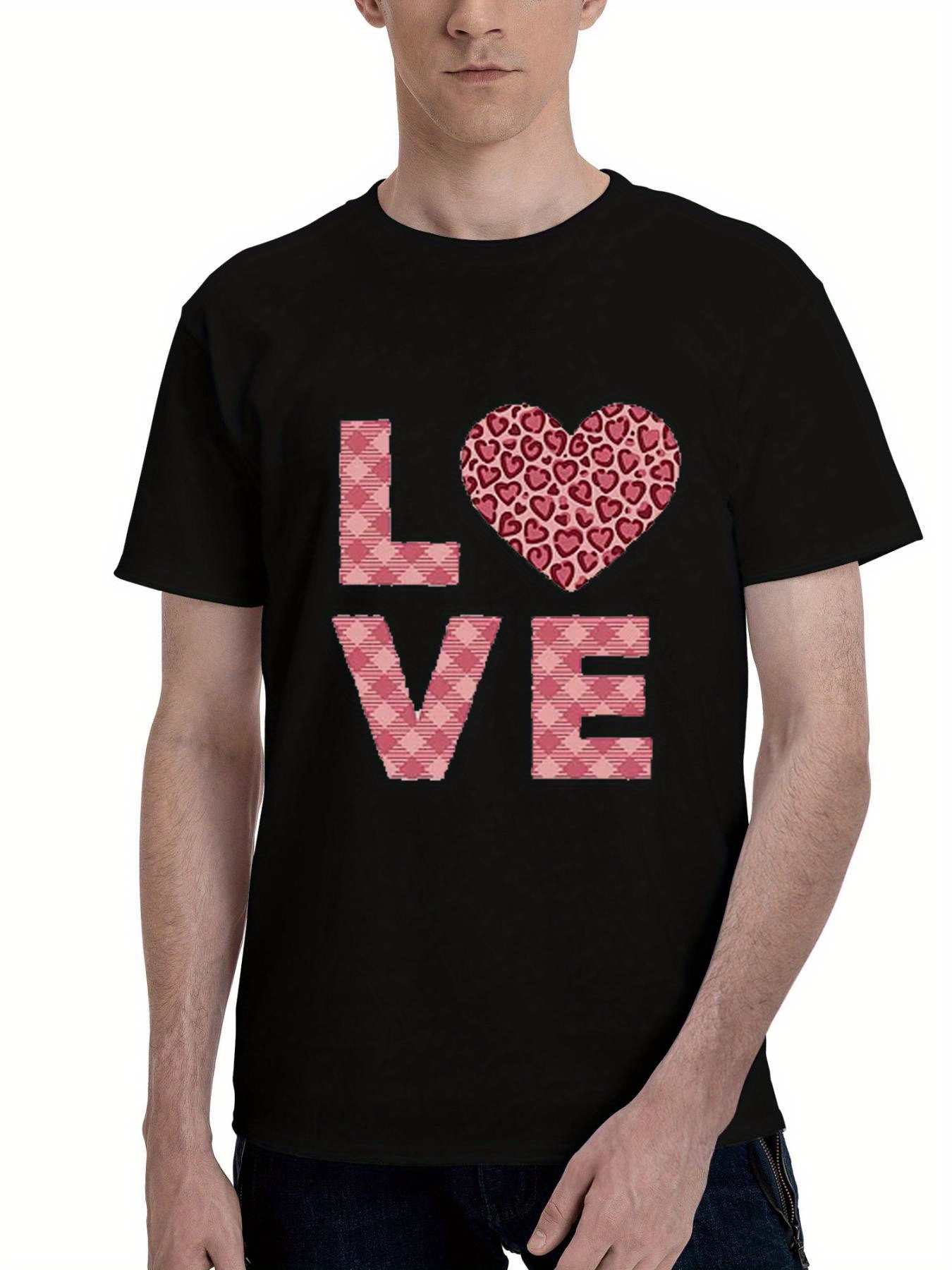 Men's Graphic T-Shirt Love With Pink Gingham Patterned Heart Motif On Black Tee