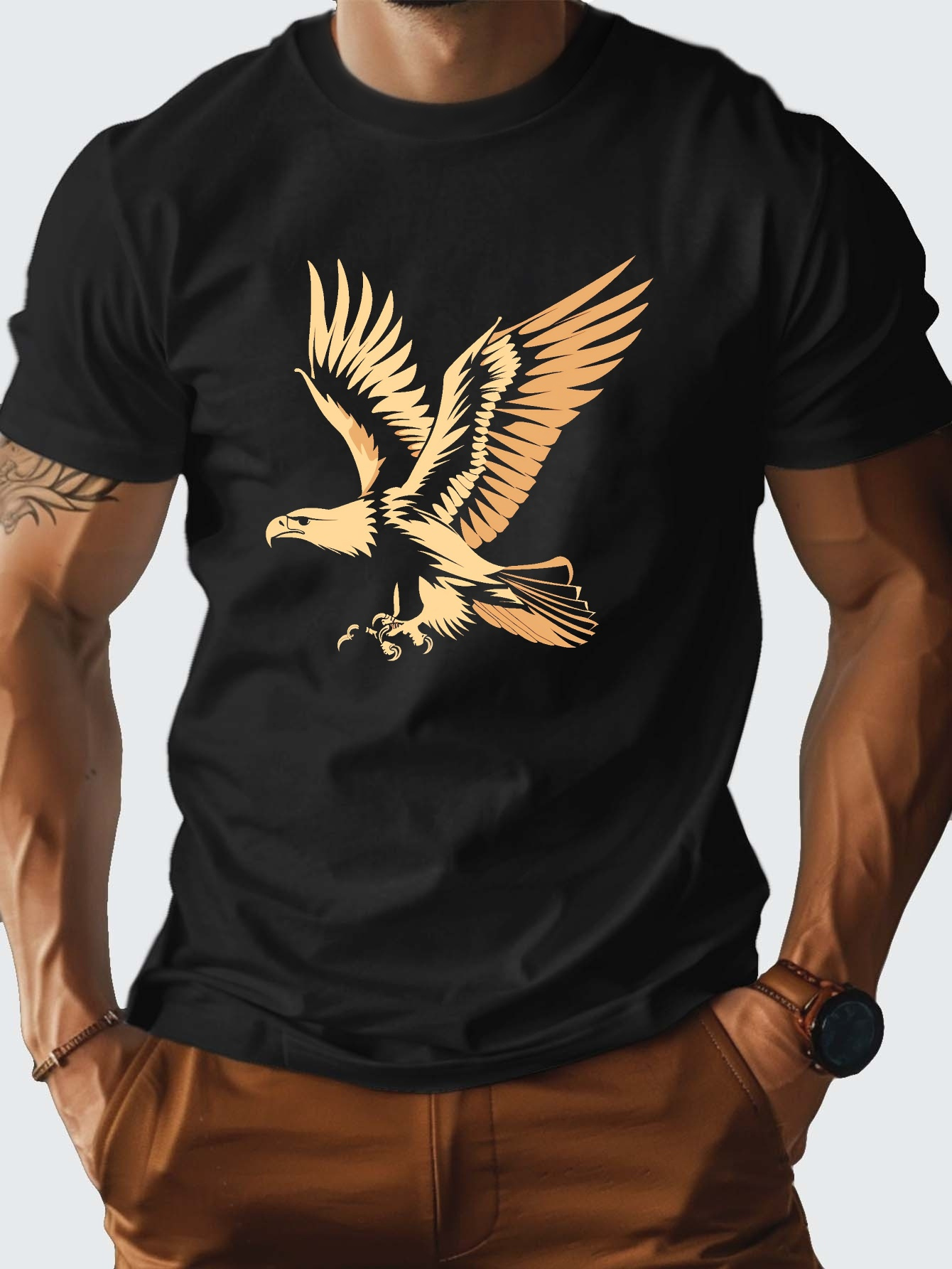 Men's Graphic T-Shirt Vintage Gold Feathered Wings Soaring In Open Sky Eagle