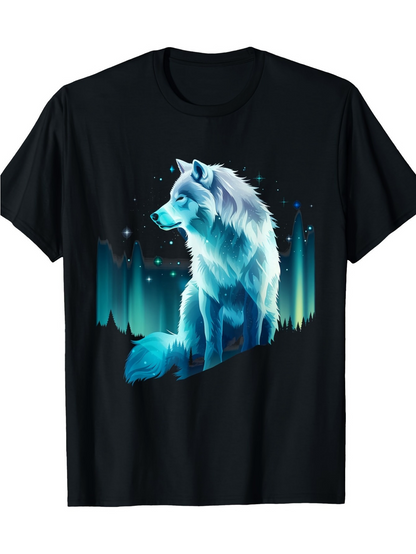 Men's Graphic T-Shirt Northern Lights Glow With Blue Night Surrounding Majestic Wolf