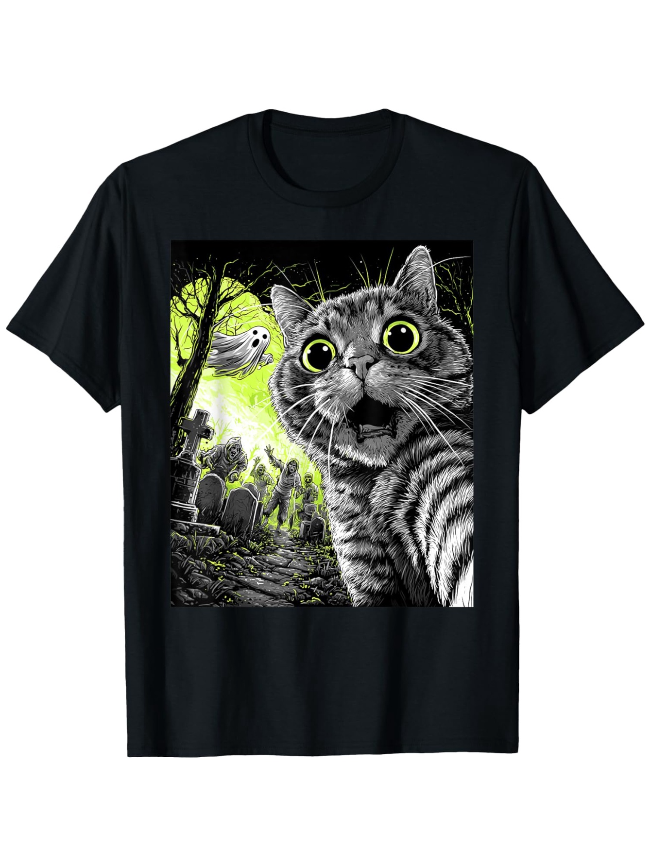 Men's Graphic T-Shirt Enchanted Night Forest With Wide Eyed Cat Surrounded By Glowing Light