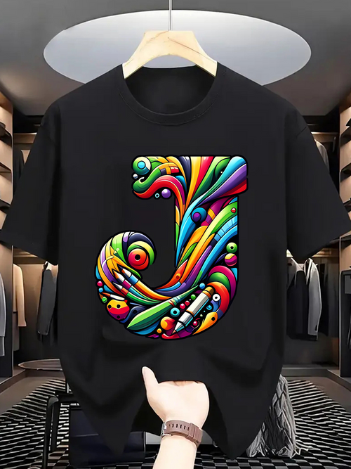 Men's Graphic T-Shirt Colorful Sculpted Abstract Pattern Surrounding Letter J