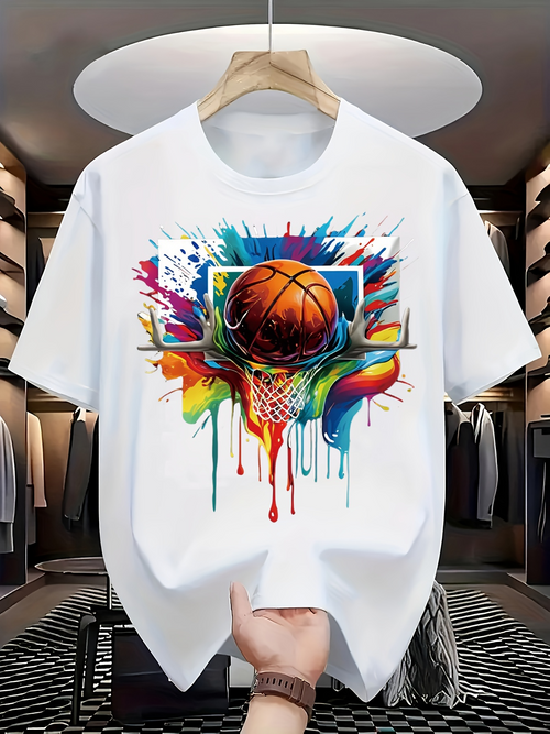 Men's Graphic T-Shirt Colorful Splash With Melting Paint Dripping Surrounding Basketball Hoop