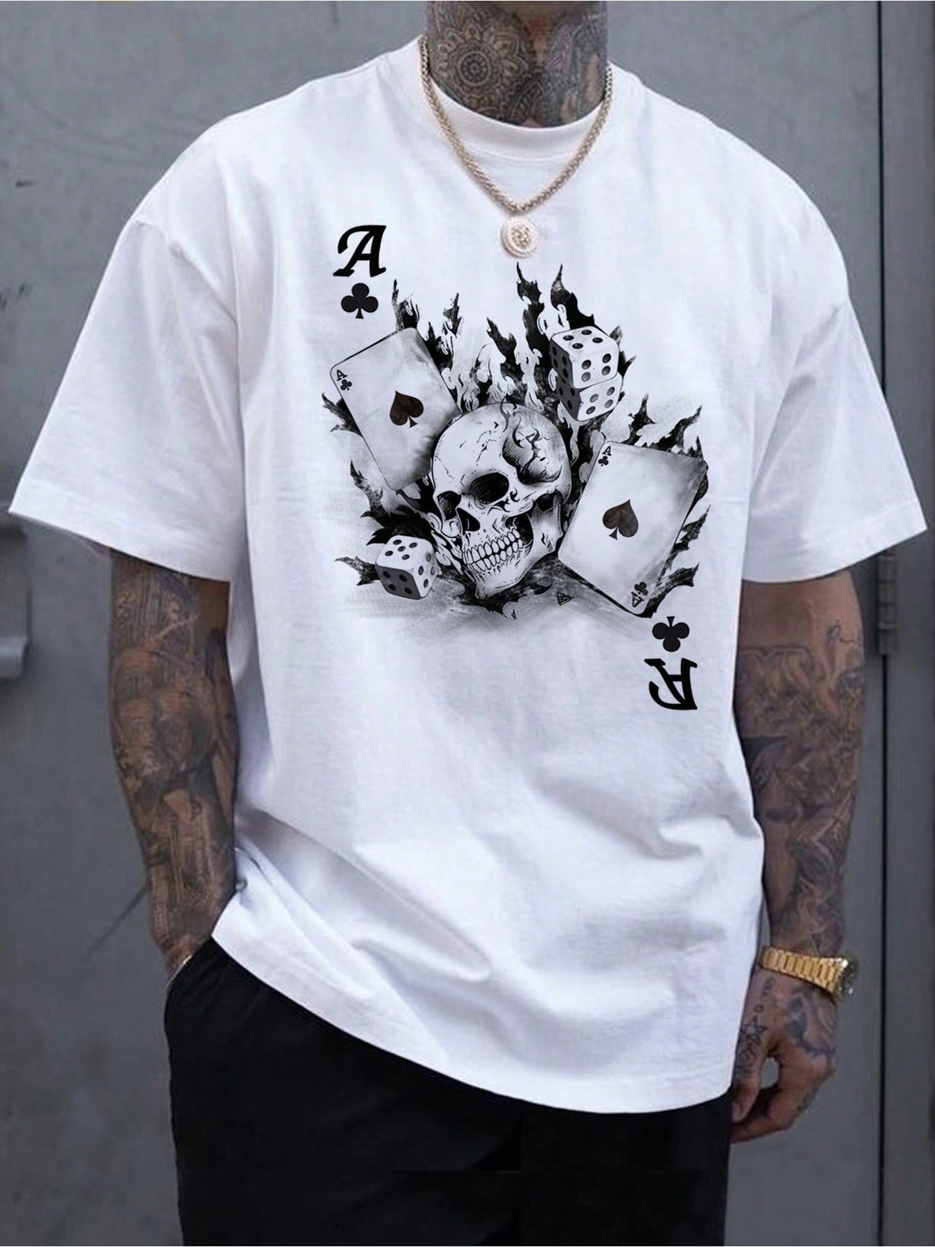 Men's Graphic T-Shirt Flaming Skulls With Playing Cards Surrounded By Smoke Skull