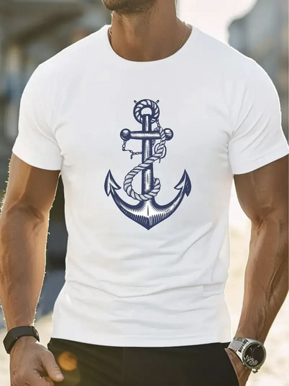 Men's Graphic T-Shirt Vintage Rope And Anchor Surrounded By Nautical Motif Anchor