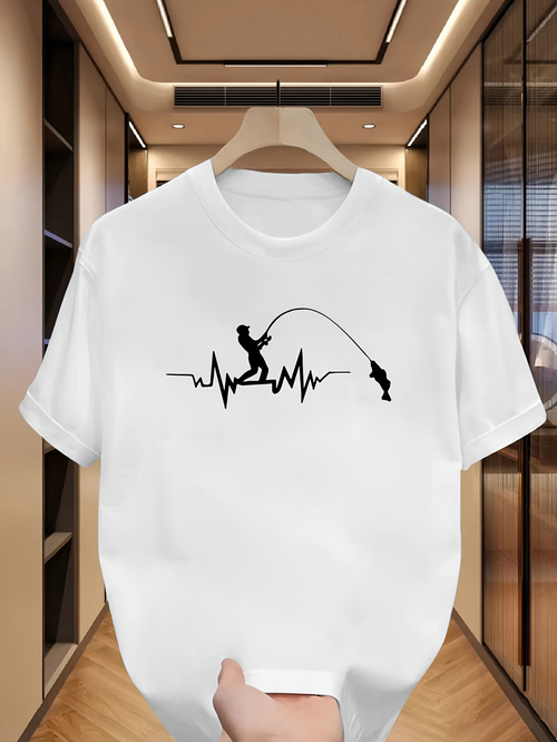 Men's Graphic T-Shirt Heartbeat Waves With Fishing Rod Catching A Thrashing Fish