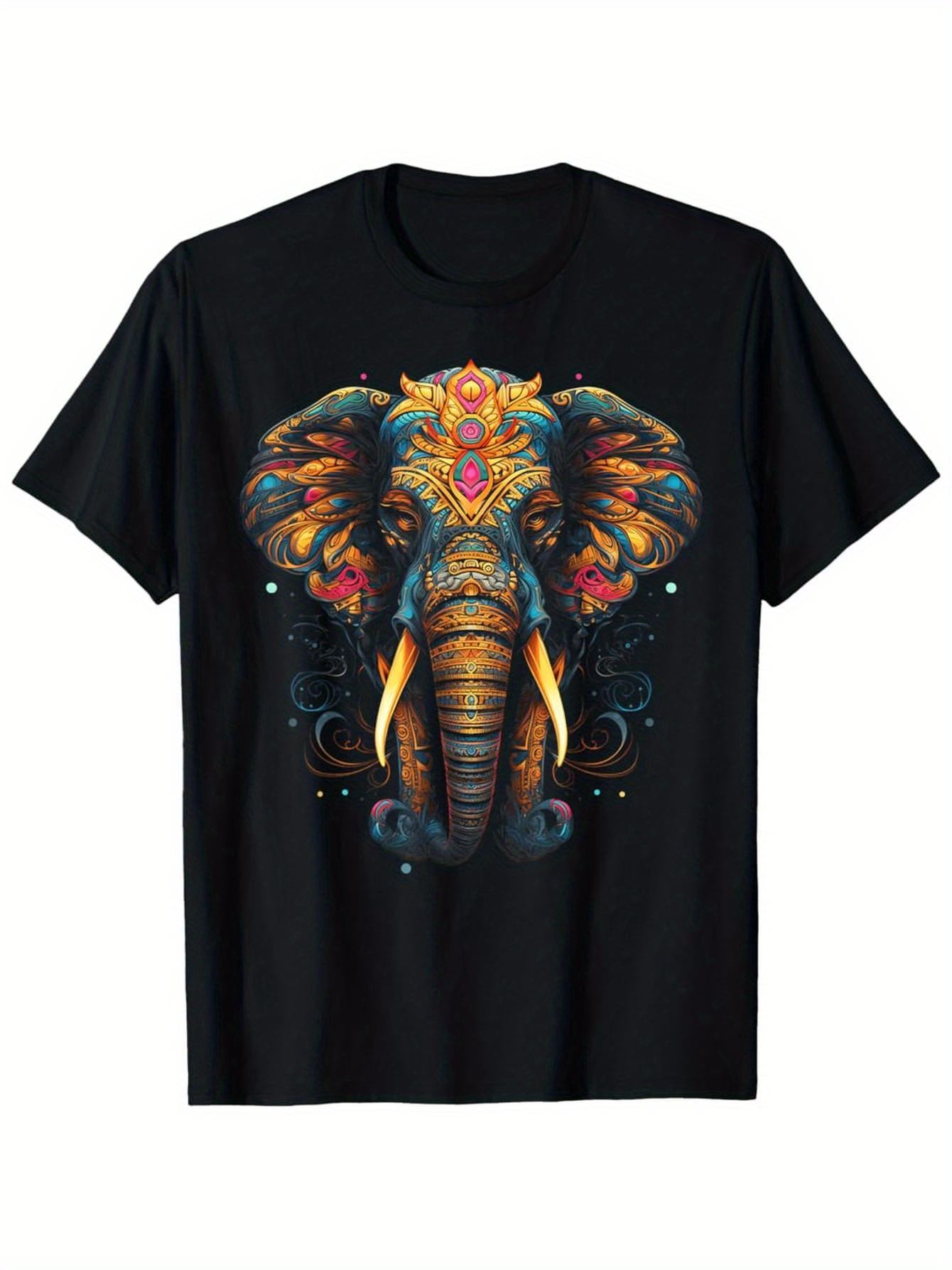 Men's Graphic T-Shirt Intricate Tribal Patterns With Colorful Swirls Embellishing Majestic Elephant Head