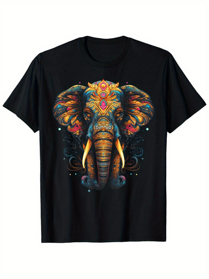 Men's Graphic T-Shirt Intricate Tribal Patterns With Colorful Swirls Embellishing Majestic Elephant Head