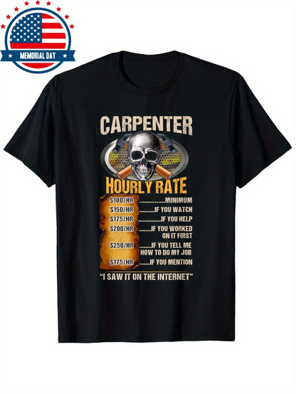 Men's Graphic T-Shirt Carpenter Hourly Rate With Skull Tools And Wooden Plank Surrounded By Text