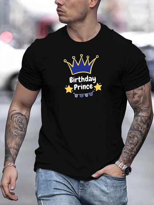 Men's Graphic T-Shirt Birthday Prince Gold Crown With Stars And Blue Lettering Prince