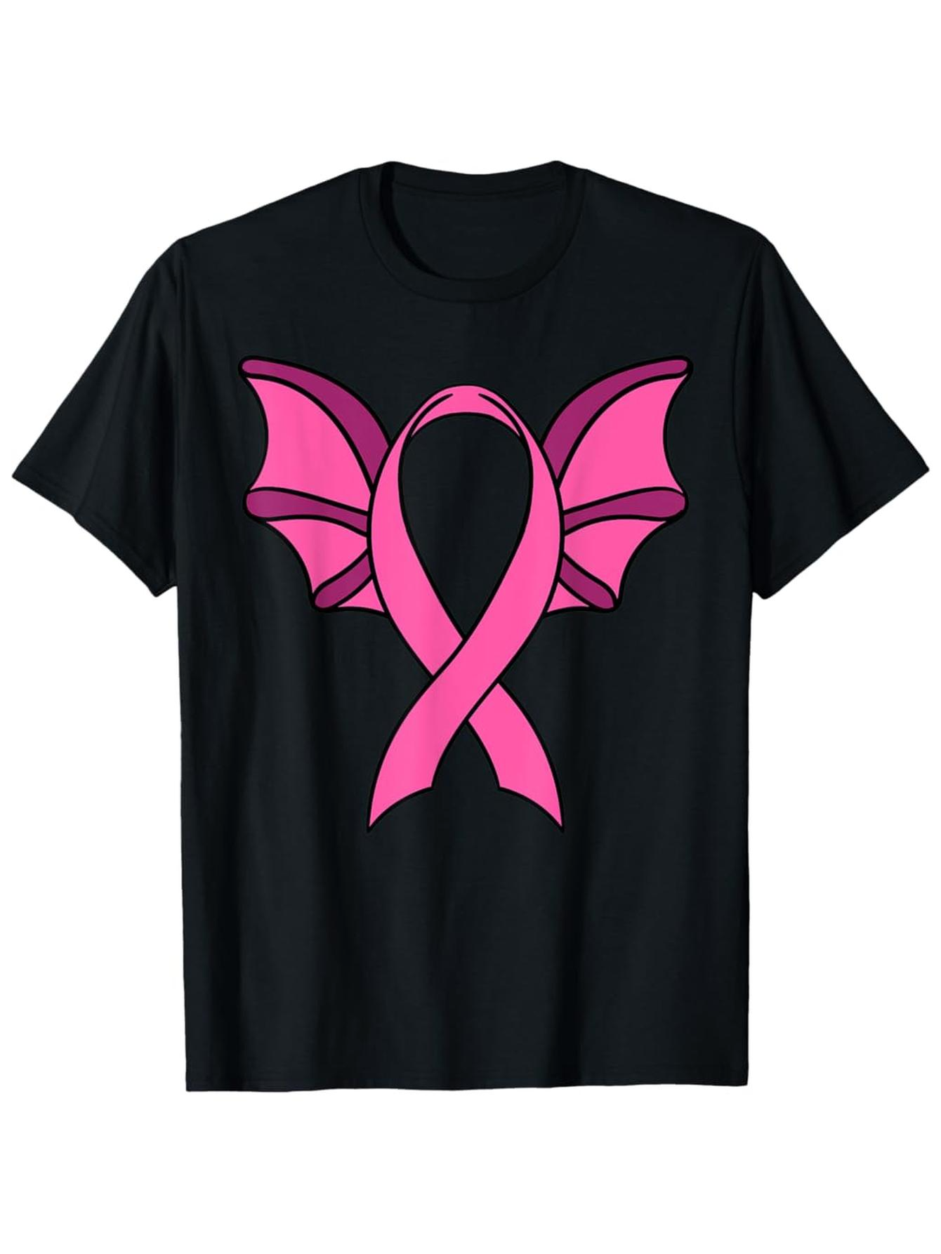 Men's Graphic T-Shirt Pink Awareness Ribbon With Bat Wings Under Dark Shadows Ribbon
