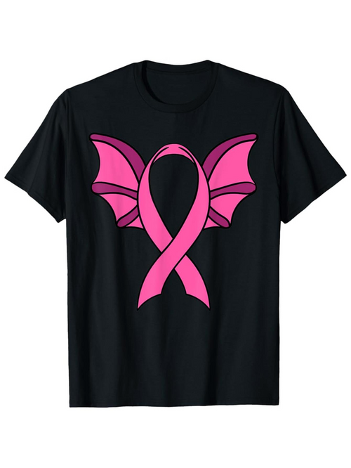 Men's Graphic T-Shirt Pink Awareness Ribbon With Bat Wings Under Dark Shadows Ribbon