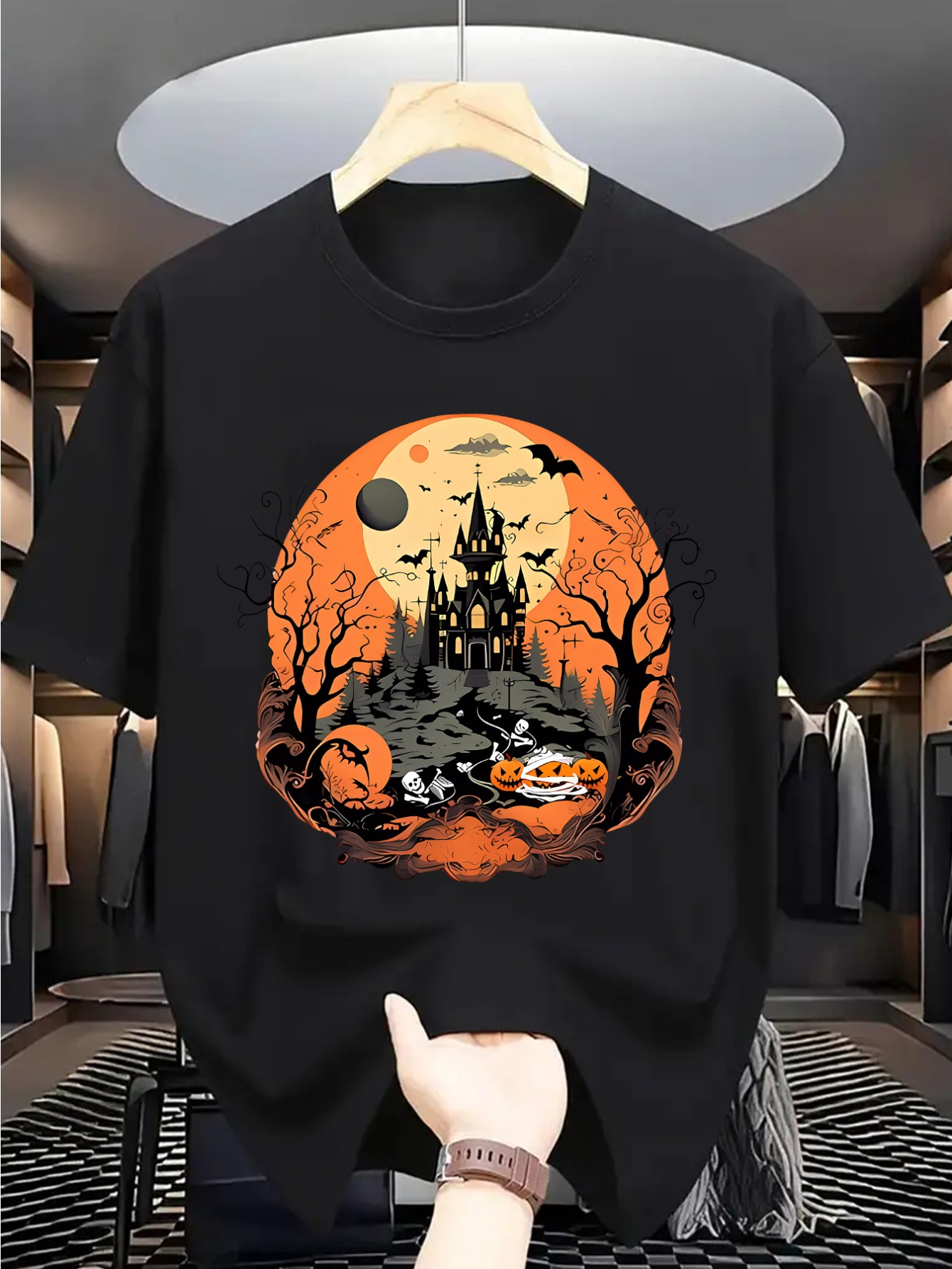 Men's Graphic T-Shirt Spooky Haunted Night With Bats Pumpkins And Eerie Castle Under Full Moon