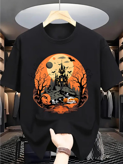 Men's Graphic T-Shirt Spooky Haunted Night With Bats Pumpkins And Eerie Castle Under Full Moon