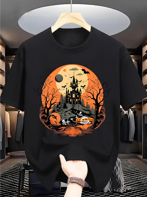 Men's Graphic T-Shirt Spooky Haunted Night With Bats Pumpkins And Eerie Castle Under Full Moon