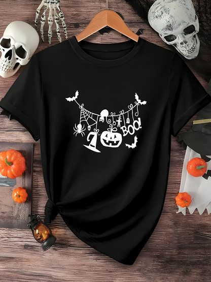 Men's Graphic T-Shirt Boo Haunted Pumpkins And Hanging Spider With Halloween Garland