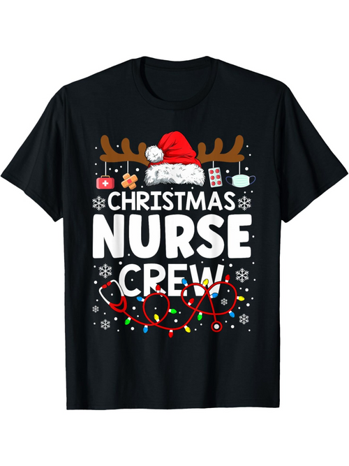 Men's Graphic T-Shirt Christmas Lights And Santa Hat With Nurse Crew