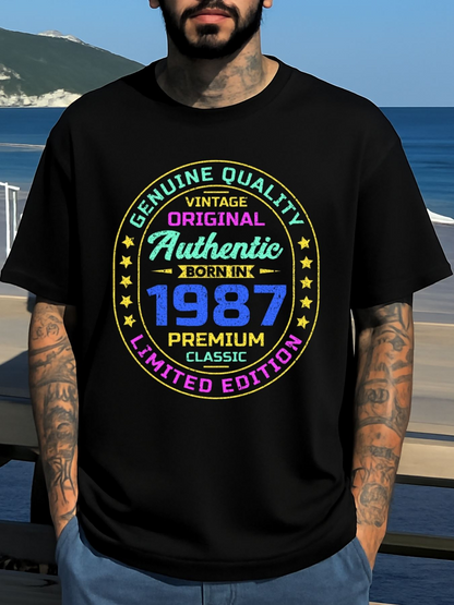 Men's Graphic T-Shirt Genuine Quality Vintage Classic Letters And Neon Numbers Authentic T Shirt