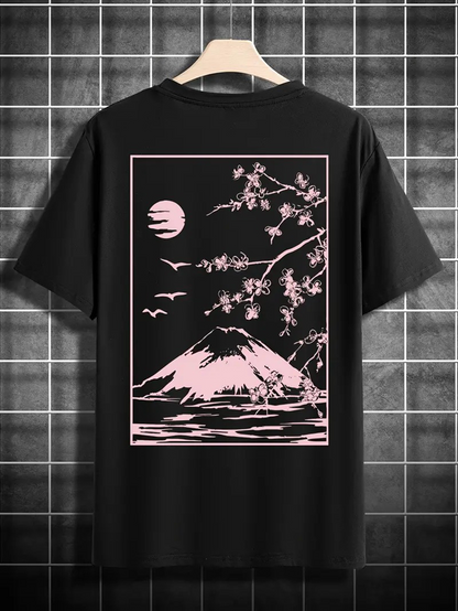Men's Graphic T-Shirt Cherry Blossom Branches And Flying Birds Framing Snow Capped Mountain Night Scene