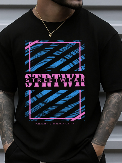 Men's Graphic T-Shirt Neon Blue Pink Graphic Lines Framing Futuristic Streetwear Typography