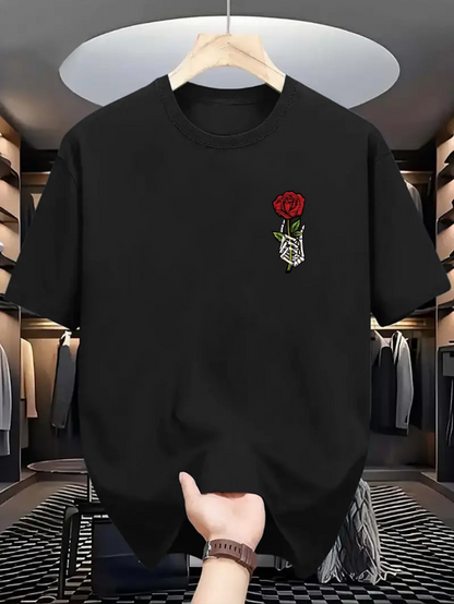Men's Graphic T-Shirt Tiny Single Red Rose Embroidered On Simple Plain Cotton T Shirt