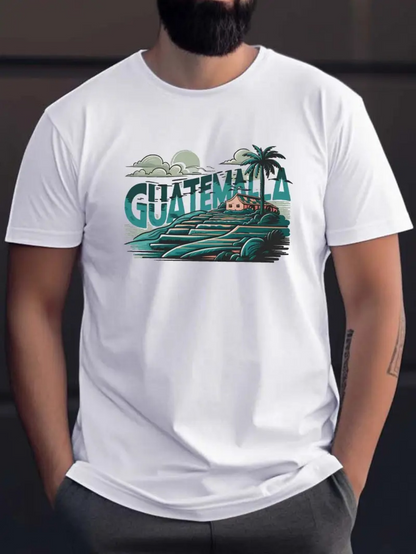 Men's Graphic T-Shirt Guatemala Sunrise Over Palm Trees Mountain Lake Scenic Print