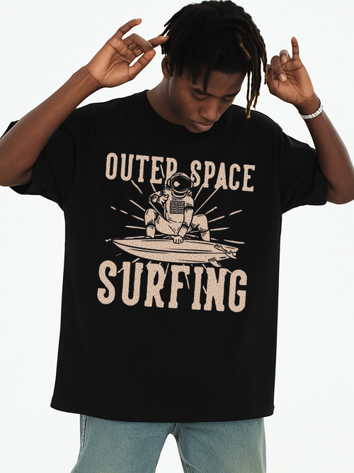 Men's Graphic T-Shirt Outer Space Surfing With Astronaut Riding Waves And Cosmic Sunburst Surfboard
