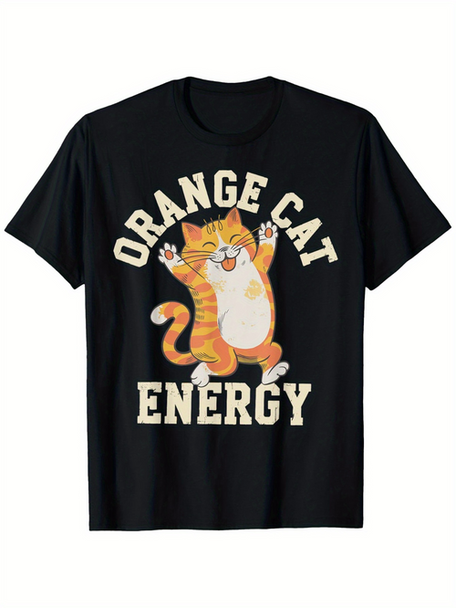 Men's Graphic T-Shirt Orange Cat Energy With Cheerful Cartoon Style Smiling Happy Cat