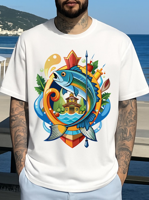 Men's Graphic T-Shirt Vibrant Oceanic Scene With Swirling Waves And Jumping Blue Fish