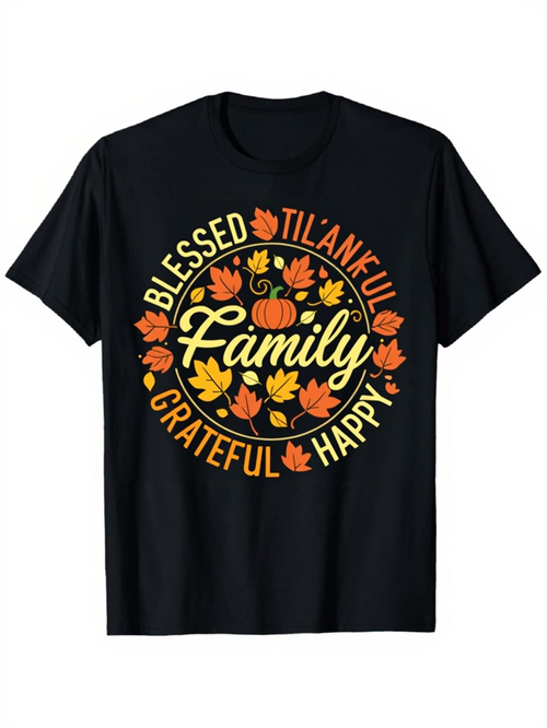 Men's Graphic T-Shirt Blessed Grateful Thankful Happy Family Surrounded By Autumn Leaves Pumpkin