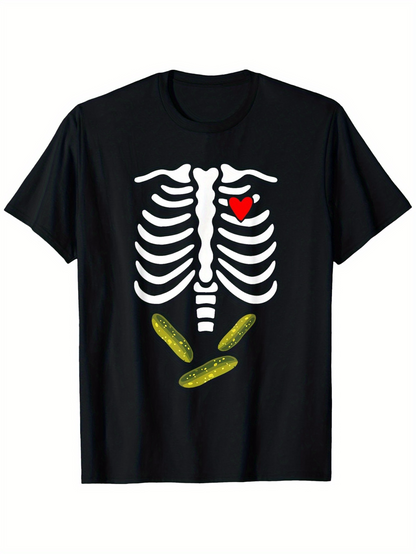 Men's Graphic T-Shirt Playful Skeleton With Small Red Heart And Bright Pickle Bones