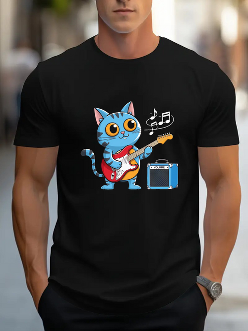 Men's Graphic T-Shirt Playful Blue Cat With Electric Guitar And Musical Notes