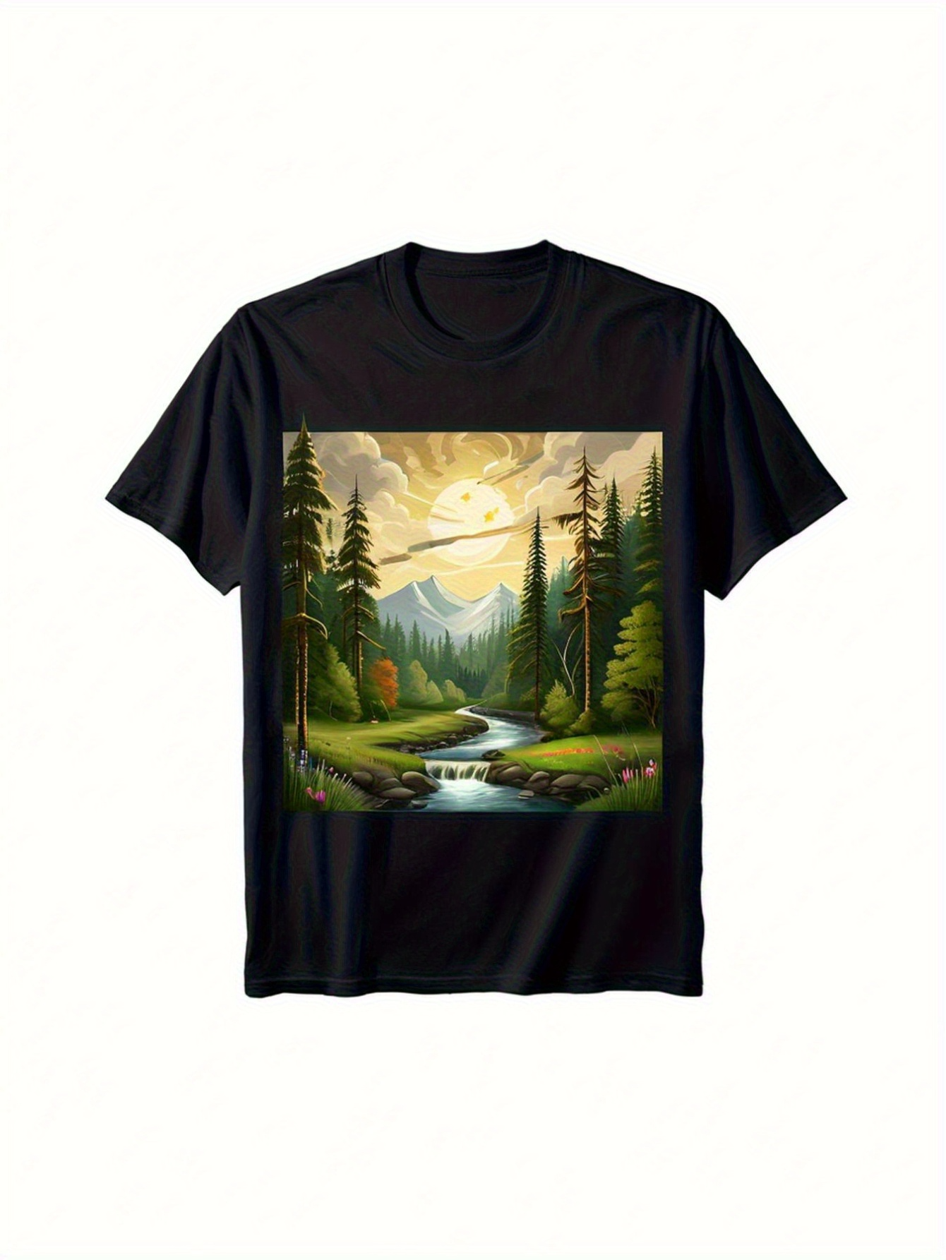 Men's Graphic T-Shirt Glowing Sunlight Over River Flowing In Pine Forest Landscape