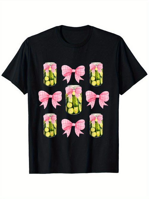 Men's Graphic T-Shirt Patterned Pink Ribbons With Pickle Jars On Black Cotton Shirt