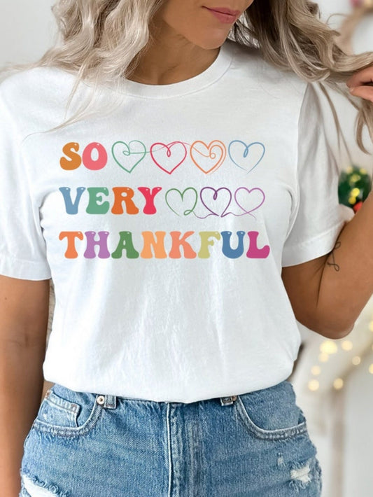 Women's Graphic T-Shirt So Very Thankful Pastel Rainbow Hearts On White Shirt