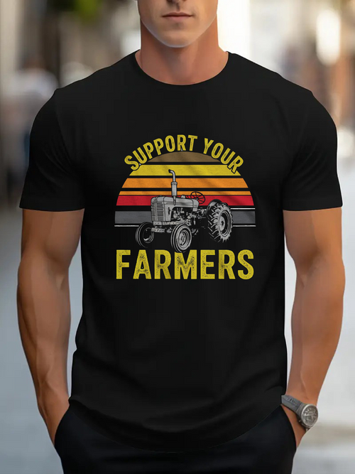 Men's Graphic T-Shirt Support Your Farmers Retro Sunset With Vintage Tractor Illustration