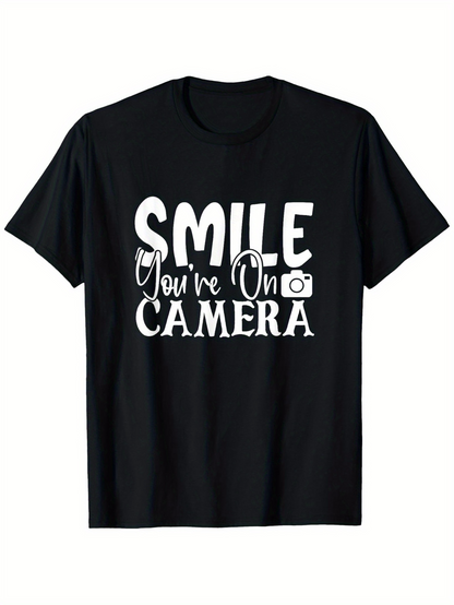 Men's Graphic T-Shirt Smile Youre On Camera With Simple Bold Lettering And Small Camera Icon
